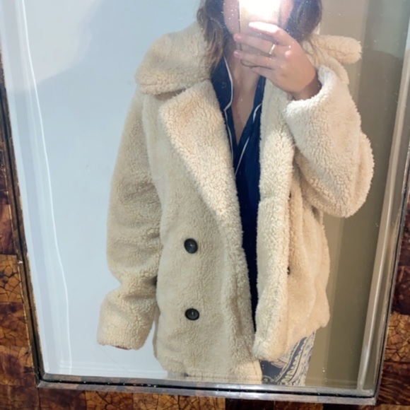Free People Faux-Fur Double Breasted Jacket Tan - Picture 2 of 6